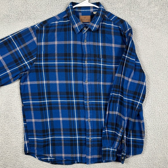 Woolrich Shirt Flannel Button Up Mens XL Blue Black Plaid Pocket Long Sleeve